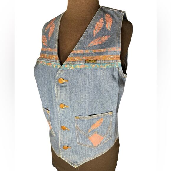 Vtg Wrangler Hand Painted Boho Western Denim Vest Womens Size M Artsy Festival - Picture 4 of 6